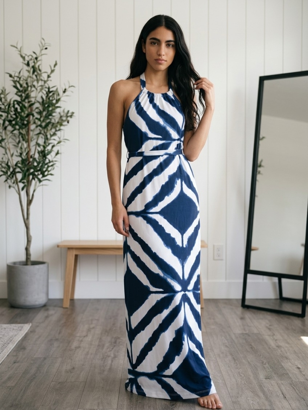 Muse Navy & White Halter Tie-Waist Maxi Dress